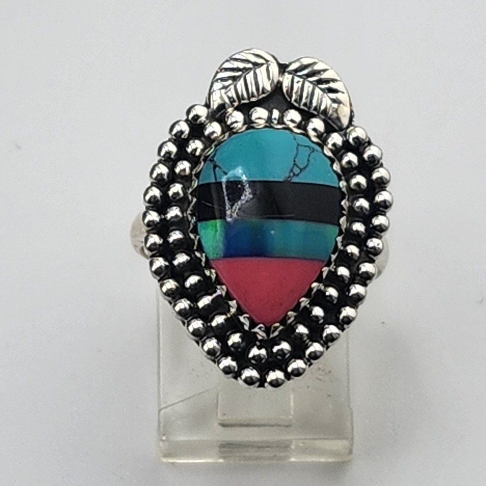 Sterling Silver 925 Turquoise Onyx Opal Cotton Candy Ring Size‎ 8.25
